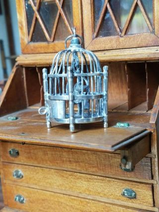 Antique Dollhouse Miniature Sterling Silver Bird Cage 1:12 3