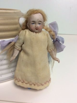 Antique Miniature German Bisque Porcelain Dressed Doll 3.  5”