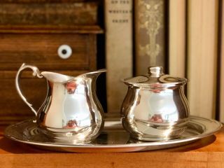 Vintage Web Pewter Creamer And Covered Sugar Tea Set With Tray Pattern 1137