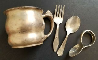 Antique Silver Baby Cup,  Spoons & Fork (sterling,  Rogers Bros. ,  Etc. )