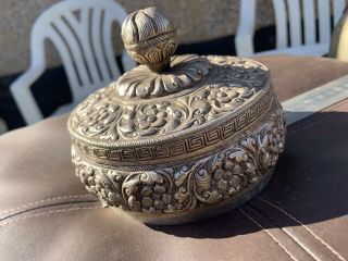 Vintage White Metal/ Silver Plated? Handmade Lided Pot