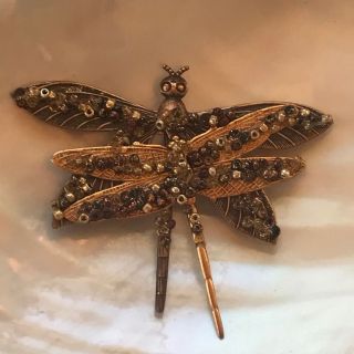 Estate Antique Goldtone Two Dragonfly With Bronze Bead Accents Pin Brooch – 2 X