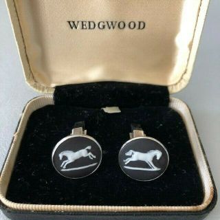 Vintage Sterling Silver Wedgwood Black Jasper Cameo Horse Cufflinks