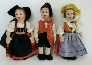 3 Vintage Lenci Type Italian Cloth Dolls Painted Faces Felt Outfits Antique