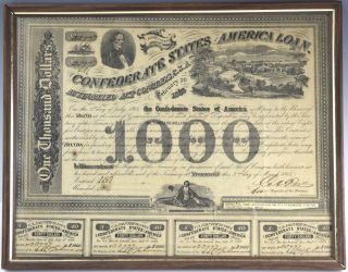 Antique Framed 1863 Csa Confederate $1,  000 Govt Bond - Sc - 25