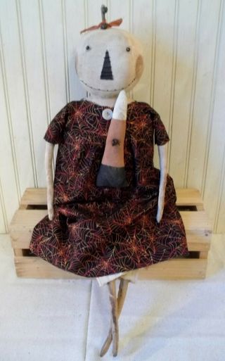 Primitive Grungy White Pumpkin Lady Halloween Doll & Her Candy Corn
