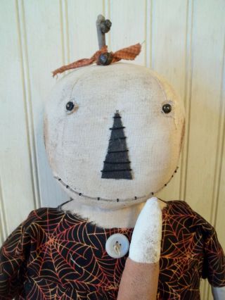 Primitive Grungy White Pumpkin Lady Halloween Doll & Her Candy Corn 2