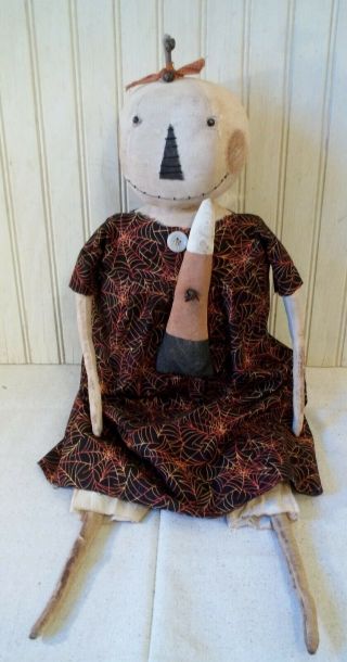 Primitive Grungy White Pumpkin Lady Halloween Doll & Her Candy Corn 4