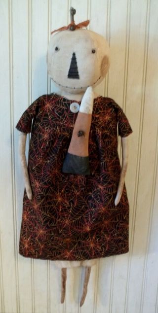 Primitive Grungy White Pumpkin Lady Halloween Doll & Her Candy Corn 5