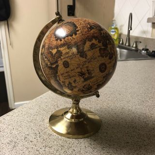 Vintage Small Table Top Old World Globe Solid Brass Base 9 In Tall
