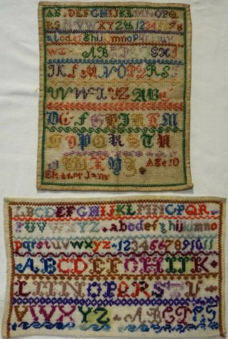 Small Late 19th Century Alphabet Sampler By Eleanor Jane - C.  1890 Plus Another