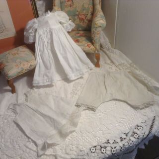 Vintage 12 " Pretty White Cotton Doll Dress With Lace Trim - Underwear