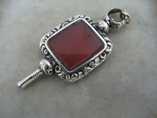 Antique Victorian Yellow Metal Gold Tone Watch Key Fob Set With Carnelian Stone