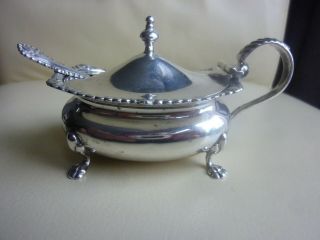 Edwardian Solid Silver Mustard Pot With Blue Liner,  Spoon 1917 Brook & Son