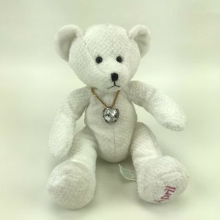 Plush Teddy Bear April Birthday White Heart Necklace Retired Stuffed Russ Berrie