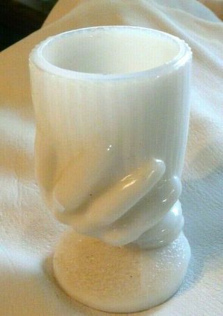 ANTIQUE TOOTHPICK HOLDER HAND HOLDING CONTAINER.  WHITE MILKGLASS 3