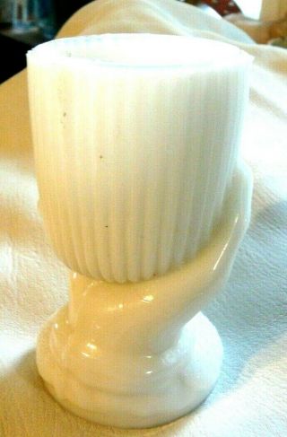 ANTIQUE TOOTHPICK HOLDER HAND HOLDING CONTAINER.  WHITE MILKGLASS 5