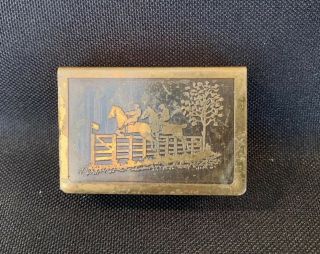 Vintage Antique Metal Match Box Holder Case Brass Tin Matchbox Horses " B "