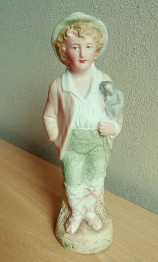 Antique French Hollow Bisque Porcelain Figurine Of Boy Carrying Monkey