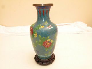 Old Chinese Vase Jar Urn Cloisonne Cherry Blossoms Green Blue Enamel Brass Rim