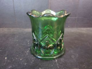 Vtg Antique Emerald Green & Gold Gilt Depression Glass Souvenir Toothpick Holder