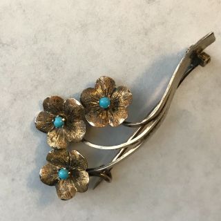 Antique/vtg Hand - Made Sterling Silver/turquoise Floral Pin - Delicate & Pretty