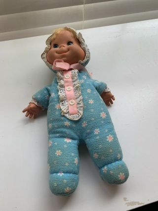 Vintage 1970 Mattel Baby Beans Doll Blue Flowers Talking Pull String