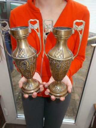 Pair Stylish Brass Art Nouveau 2 Handled Vases Early 1900s Repousse Decoration