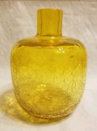 Antique Or Vintage Blenko Amber Yellow Crackle Blown Glass Single Bud Vase 5.  25 "