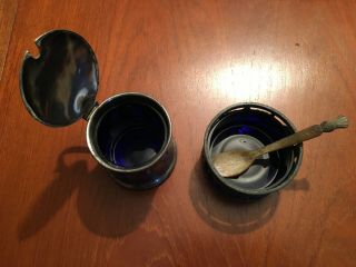Vintage Pewter Mustard Pots With Cobalt Blue Glass Liners And A Bone Spoon
