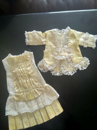 Vintage Dolls Dress And Jacket 8 Ins Long.  Lace Trimmed Pale Lemon