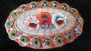 Antique Micro Mosaic Floral Oval Brooch Pin Hand Made In Italy