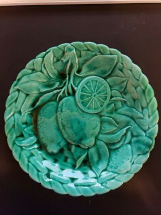 Antique 7 1/2” Green Pear Design French Majolica Plate Backstamped Sarreguemines