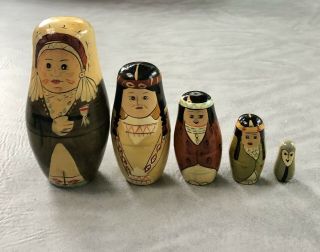 Vintage Native American Wooden Nesting Doll Set Of 5