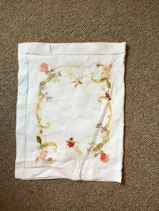 Antique Embroidered Linen Boudoir Case Peach/ Moss Greens Scrolls Society Silks
