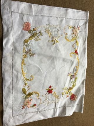 Antique Embroidered Linen Boudoir Case Peach/ Moss Greens Scrolls Society Silks 3