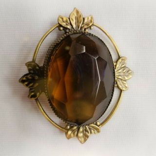 Vintage Baltic Amber Brooch Oval Shape Antique Gold Faceted Stone