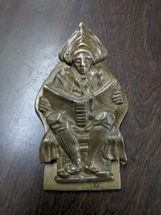 Vtg Solid Brass Man With Book Spring Loaded Paper Clip Note Holder Wall Mount