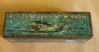 Antique Vintage Al.  Foss Pork Rind Minnow Tin Litho Fishing Lure Box Cleveland Oh