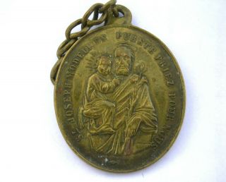Large St Joseph Miraculous Medal Antique Religious Brass Medal Pendant