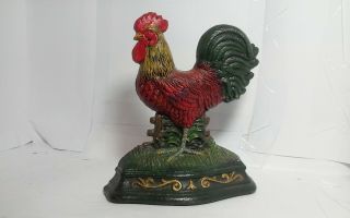 Vintage Cast Iron,  Cold Painted Rooster Doorstop Made By Wright Studios