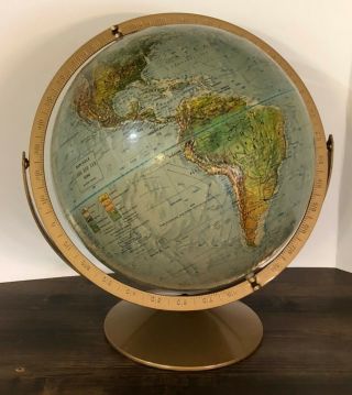 Vintage Replogle 12 " Diameter Land And Sea Rotating World Globe Raised Relief