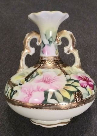 Antique Porcelain Nippon Japan Pink Azalia Vase 5.  5 " High 