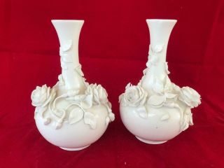 Good Antique Dresden Blanc De Chine Porcelain Applied Flower And Leaf Vases.