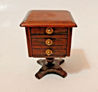 Vintage Miniature Dollhouse Brown Wood Short 3 Drawer Night Stand George Spencer