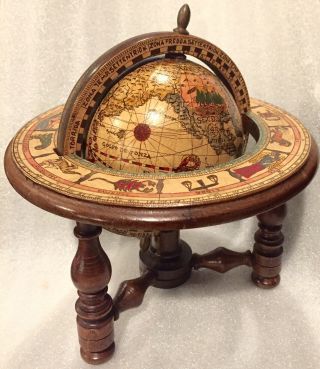 Vintage 7 " Table Top Zodiac Astrology Old World Globe W/ 3 - Leg Wood Stand