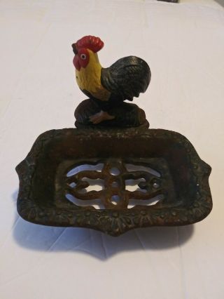 Cast Iron Rooster Soap Business Card Dish Sponge Holder Antique Kitchen Decor