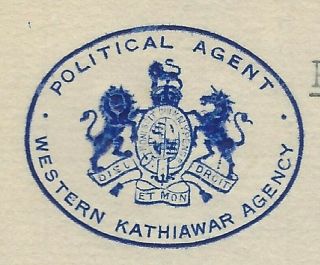 India Crested Letter Political Agent West Kathiawar Agency To Chief Jasdan 1943