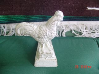 Vintage Small Heavy Cast Iron White Rooster Chicken Sculpture Doorstop