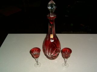 Stunning Nachtmann Cranberry Cut To Clear Crystal Decanter & 2 Matching Cordials